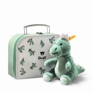 Steiff Joshi Baby T-Rex 16 cm Green Blue in Suitcase, Soft Cuddly Friends, Cuddly Toy Dinosaur, Stuffed Toy Dino for Playing and Cuddling, Made of Cuddly Soft Plush, Machine Washable
